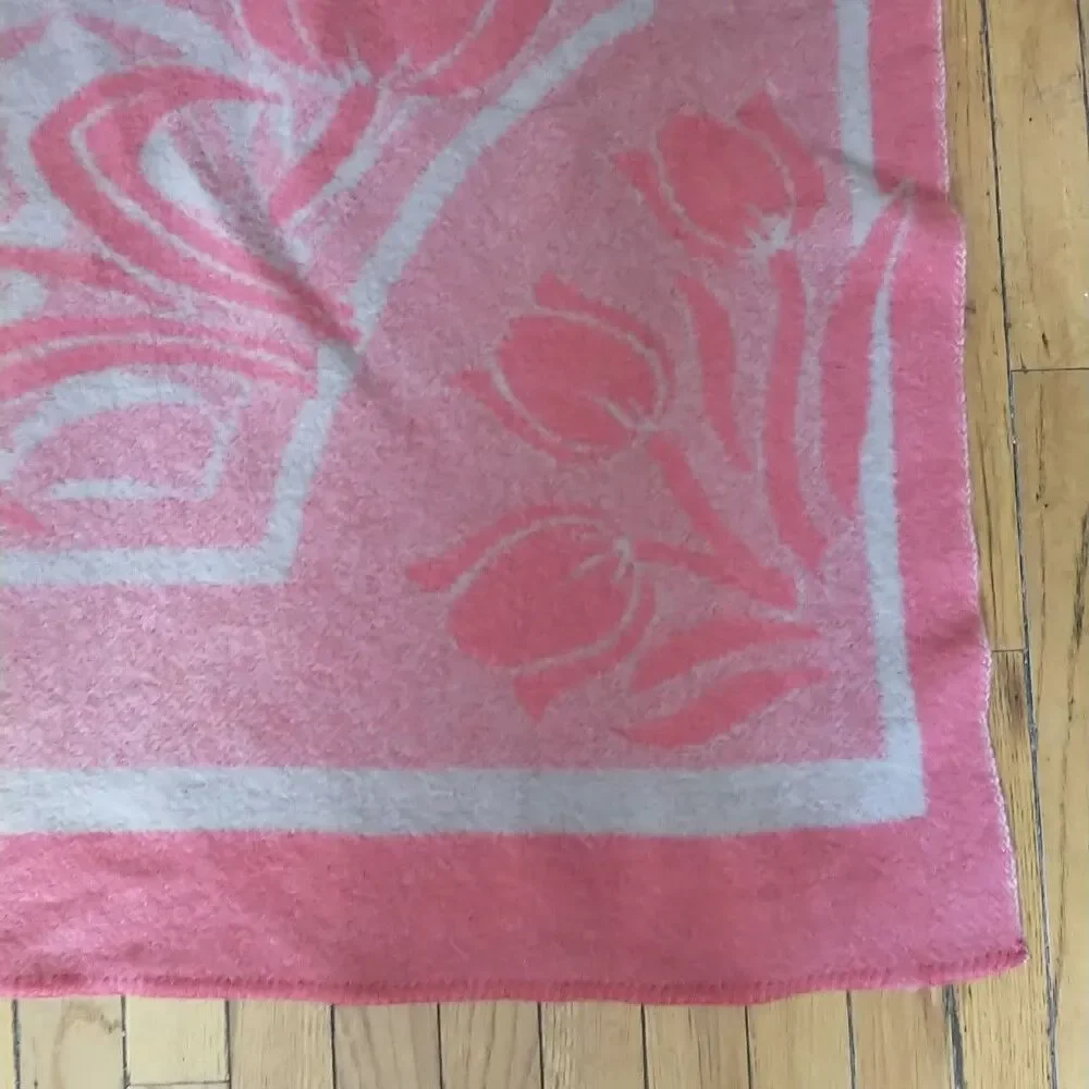 Vtg ORR HEALTH All Wool Blanket Holland Tulip Pink Reversible USA 69x79 *READ